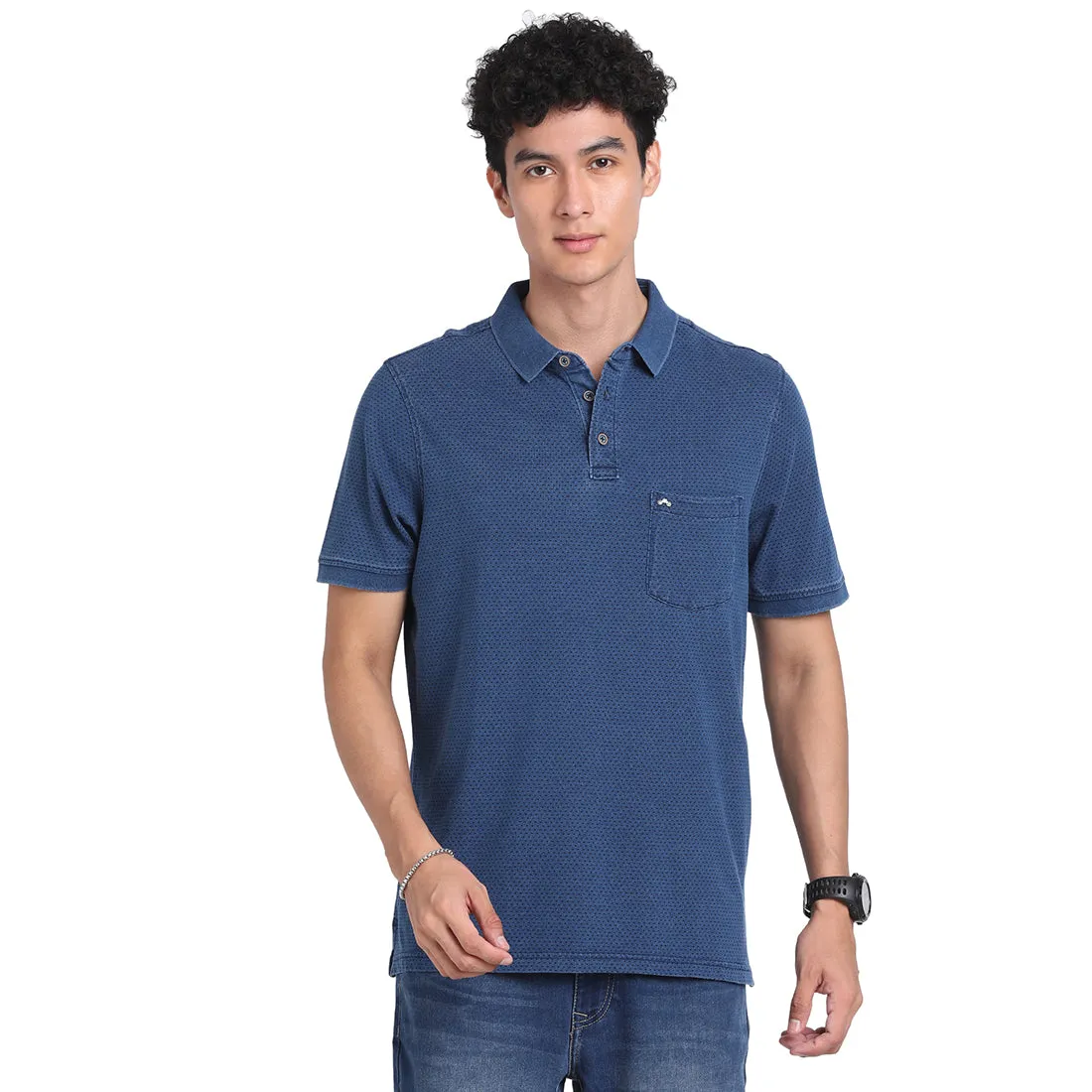 100% Cotton Indigo Navy Blue Plain Polo Neck Half Sleeve Casual T-Shirt