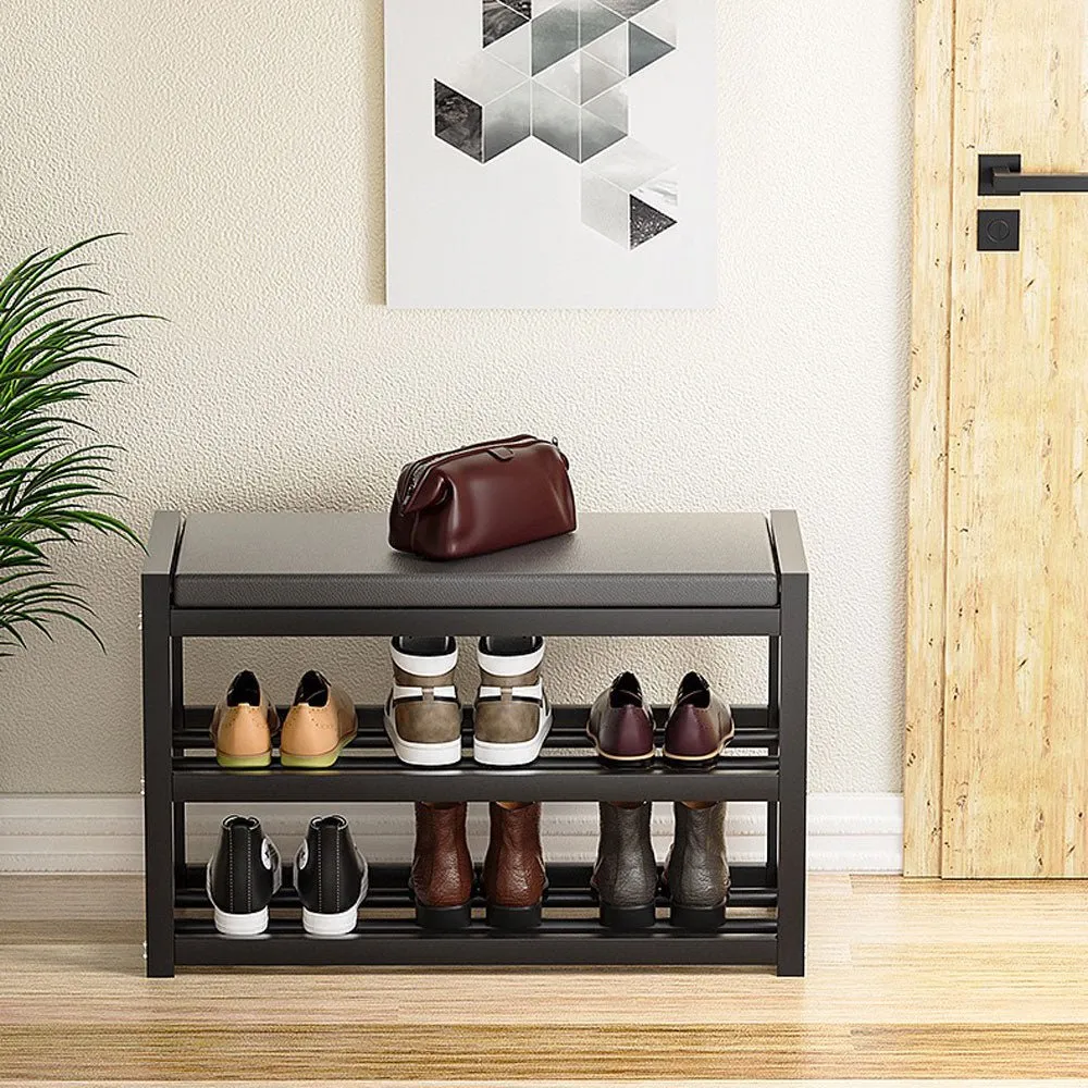 3-Tier Carbon Steel Shoe Rack Bench with PU Leather Cushion