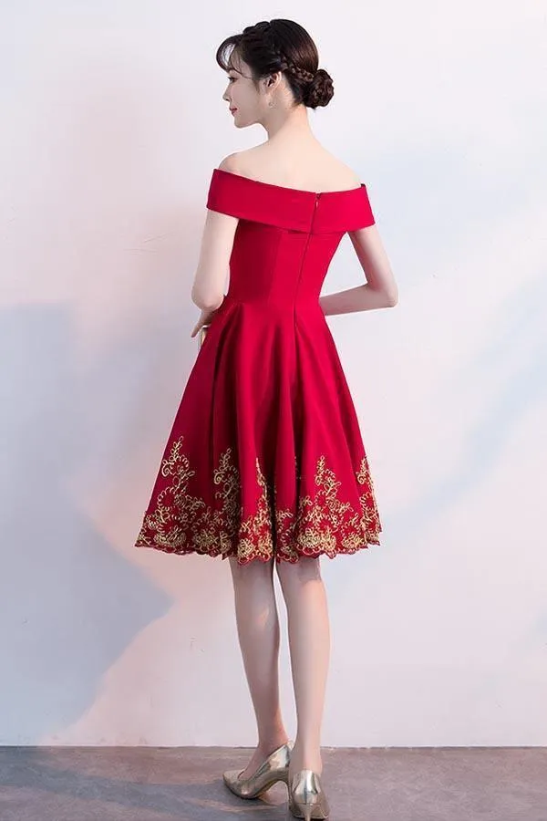 A-line Off The Shoulder Red Homecoming Dresses With Lace Applique  PD122