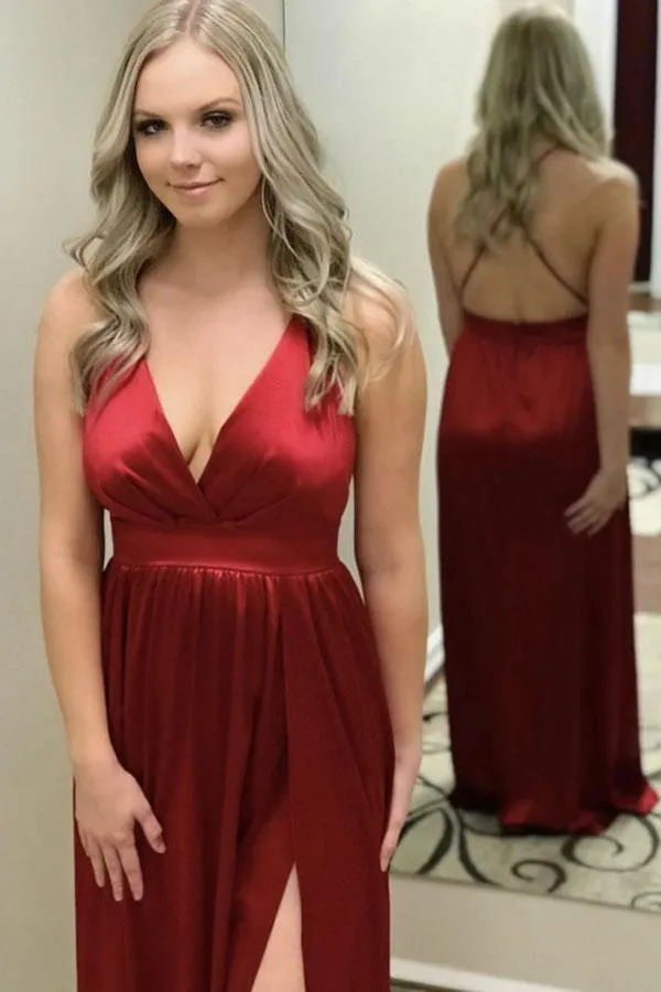 A-Line Silk Satin V Neck Sexy Prom Dresses 2019 Side Slit  PG911