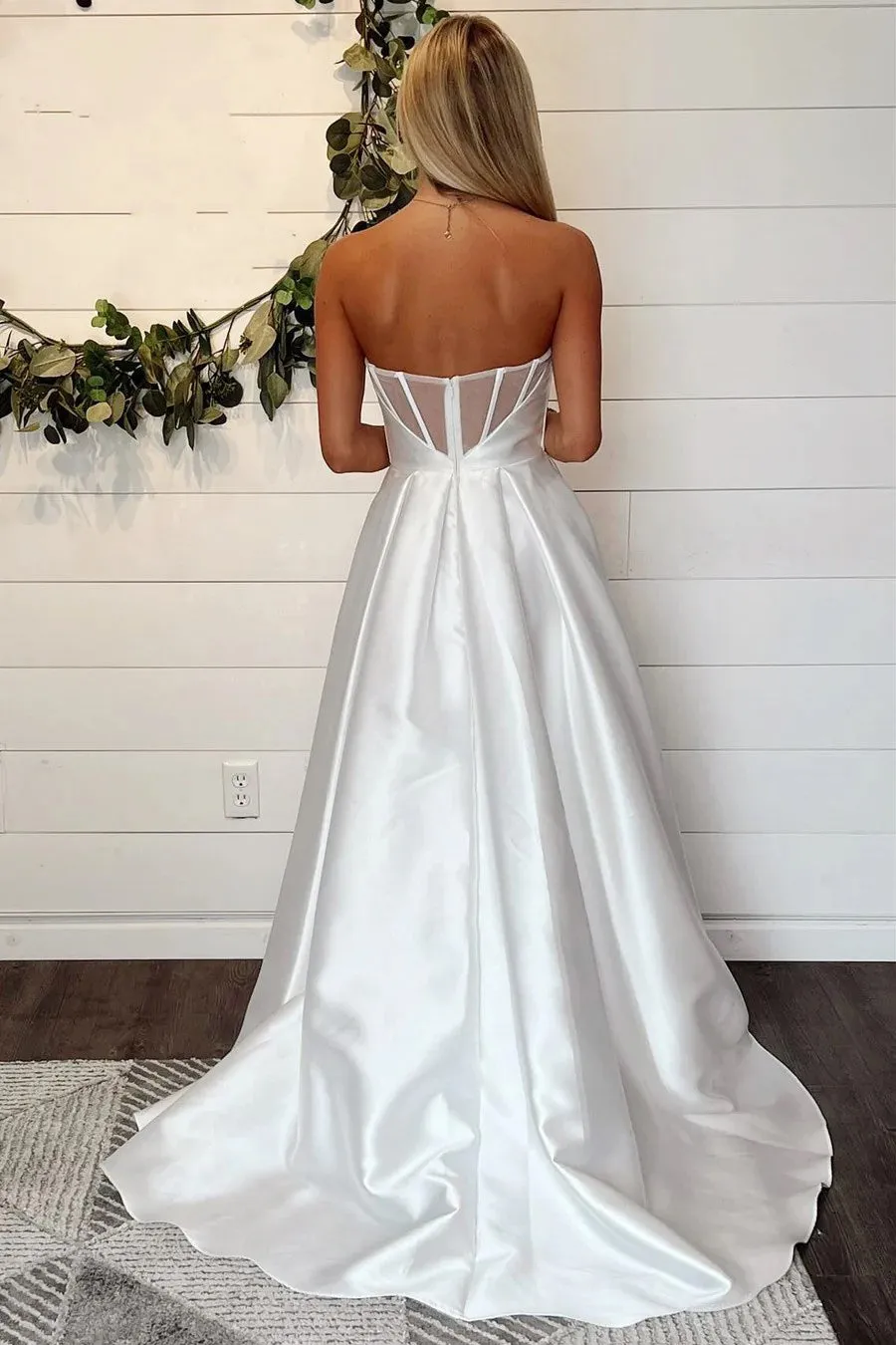 A-Line Strapless White Wedding Dress Simple Wedding Dresses WD717