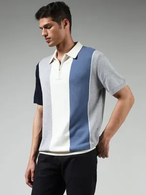 Ascot Navy Striped Cotton Blend Relaxed-Fit Polo T-Shirt