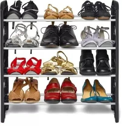 Best Care Shoe Rack Organizer 4 Layer Multipurpose Stand Book Shelf Rack Unbreakable and Collapsible Storage Rack Metal Rod with Plastic Rack (4-Tier)-Black