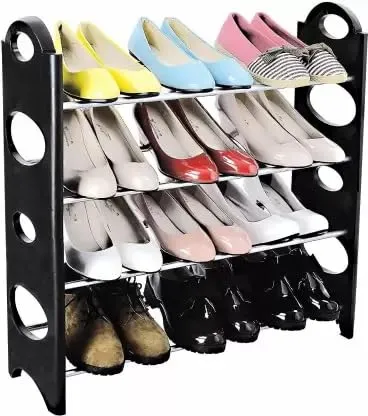 Best Care Shoe Rack Organizer 4 Layer Multipurpose Stand Book Shelf Rack Unbreakable and Collapsible Storage Rack Metal Rod with Plastic Rack (4-Tier)-Black