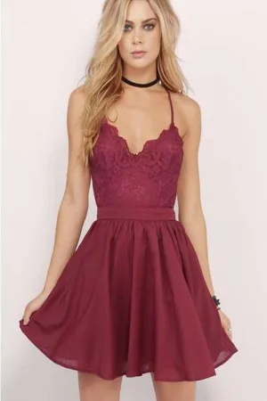 Burgundy Homecoming Dress Spaghetti Straps A-line Lace Short Prom Dress  PD356