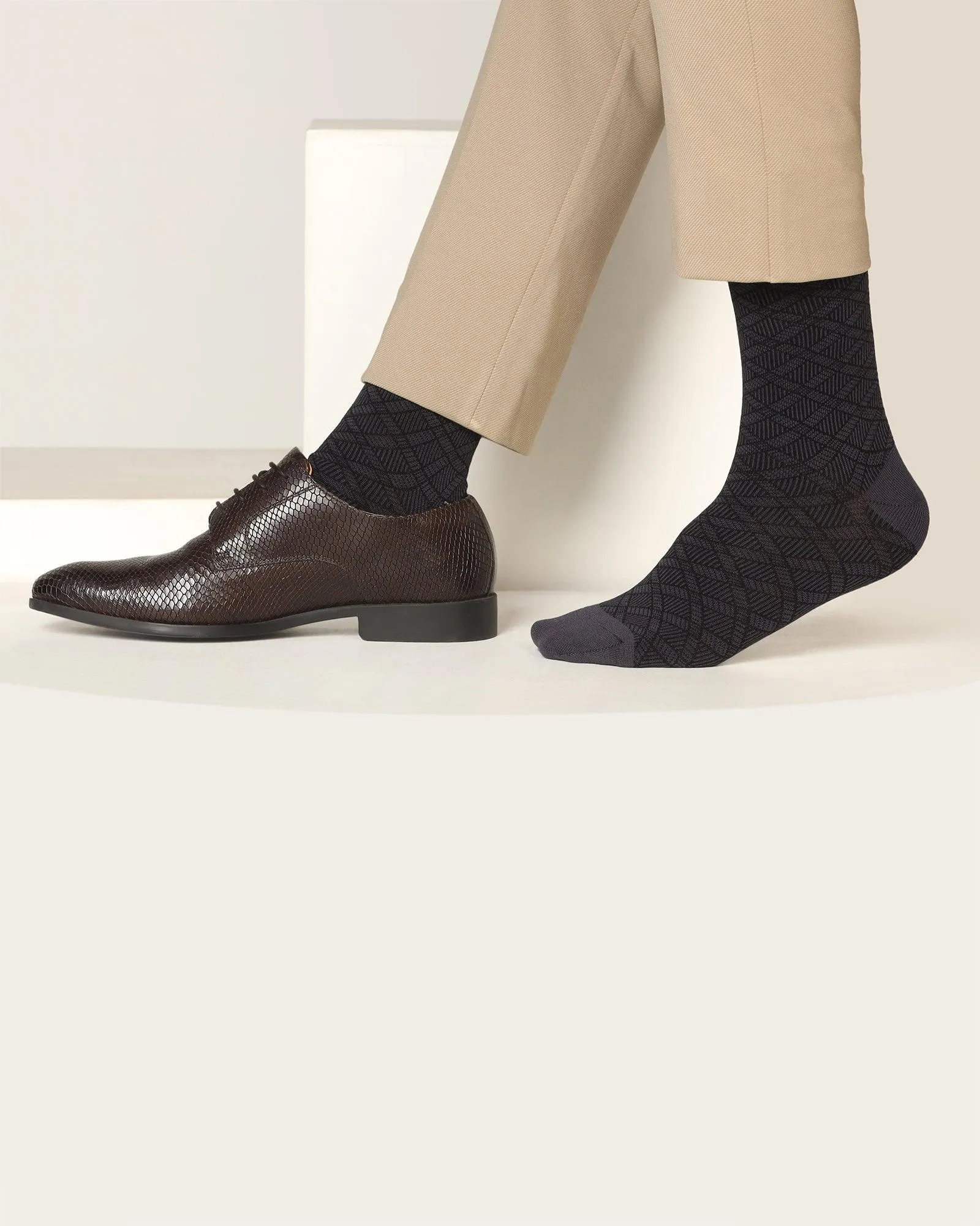 Cotton Dark Grey Check Socks - Saffron