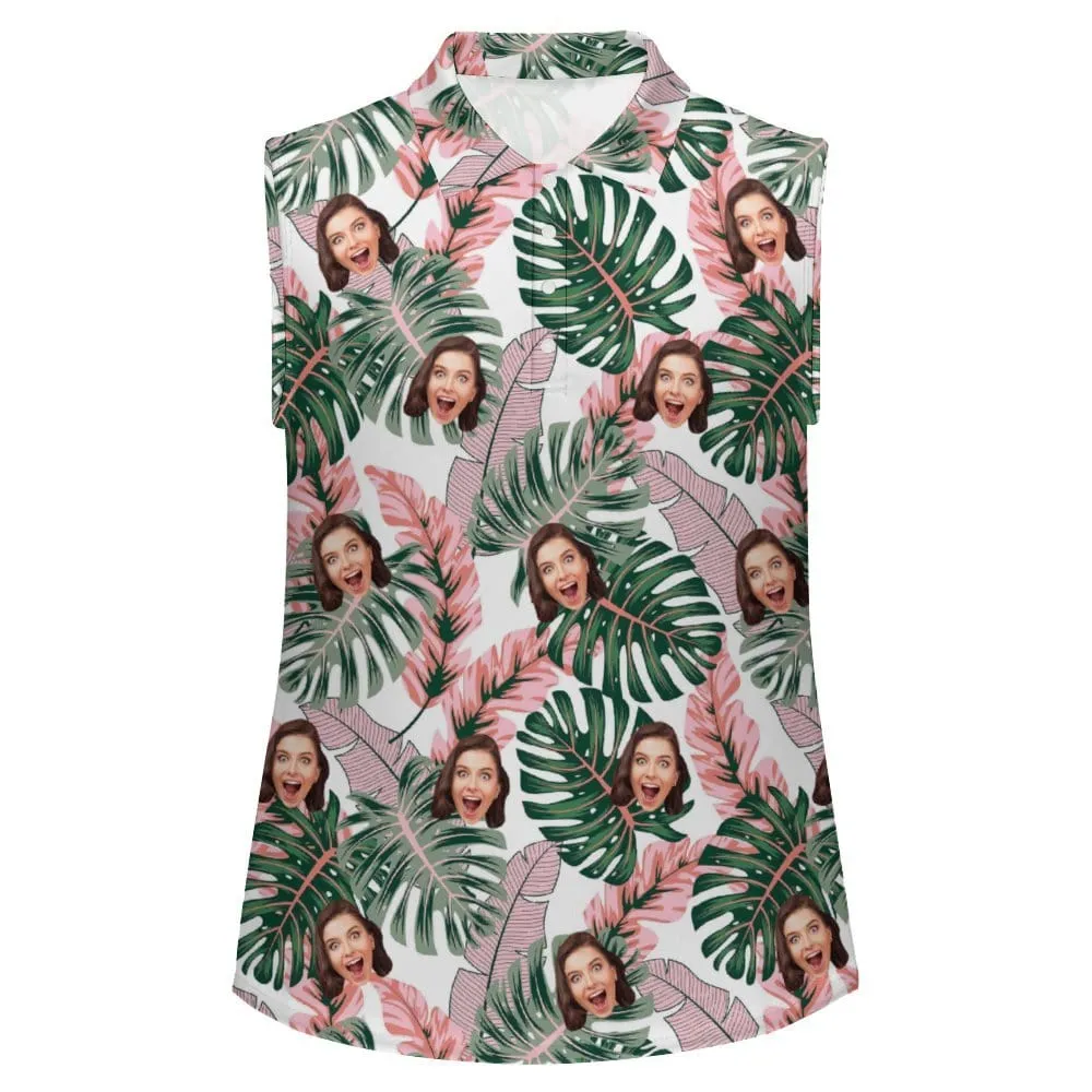 Custom Face Pink Leaves Sleeveless Polo Shirt Button Up Summer Casual Workout Tank Tops