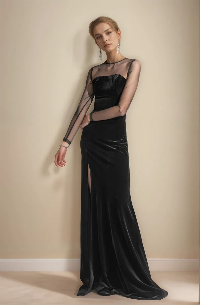 Elegant Velvet tulle mesh long sleeves vintage Black Velvet Dress slit