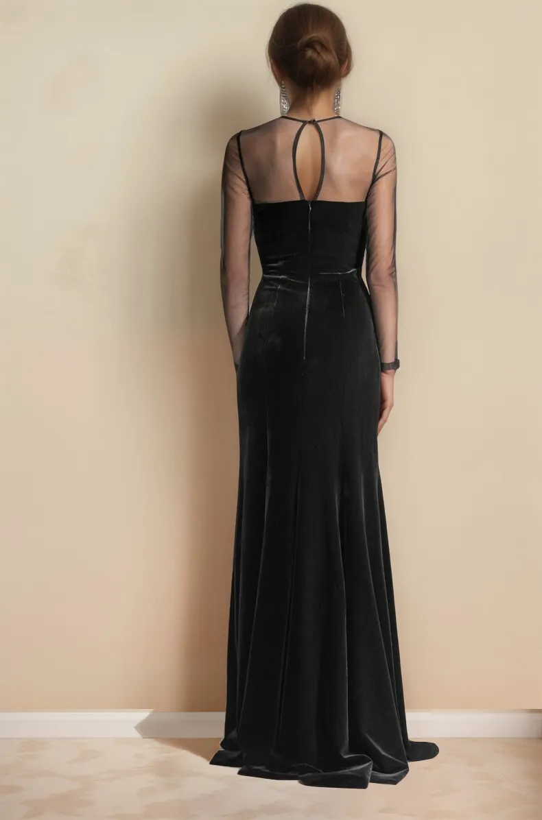 Elegant Velvet tulle mesh long sleeves vintage Black Velvet Dress slit