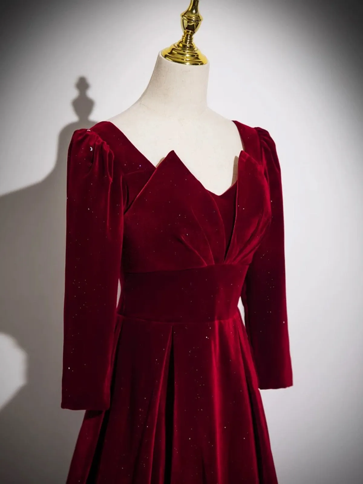 Elegant Wine Red Velvet Long Sleeves Party Dress, A-line Wine Red Prom Dress