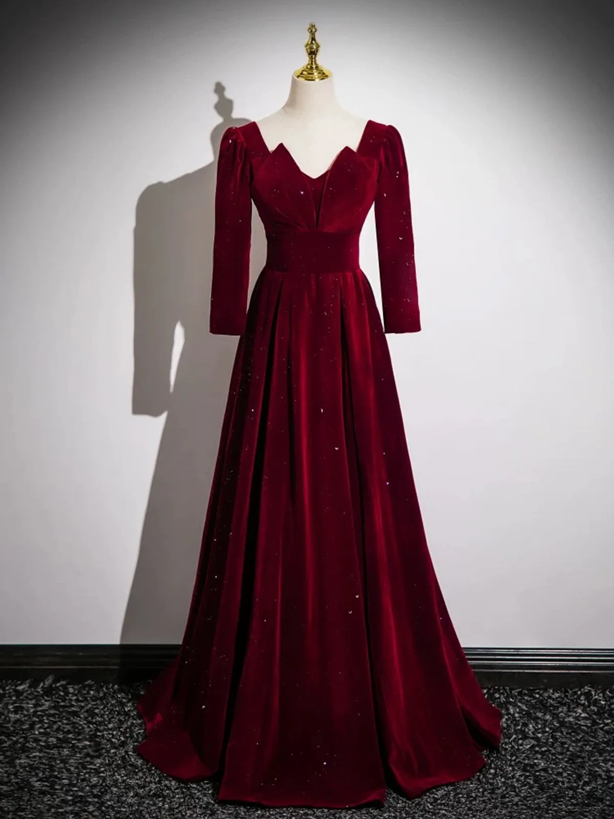 Elegant Wine Red Velvet Long Sleeves Party Dress, A-line Wine Red Prom Dress