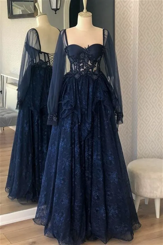 Fairy Long Sleeve Lace Prom Dress Navy Blue Wedding Party Gown