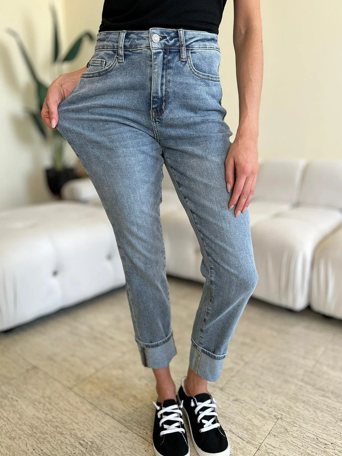 Full Size High Waist Cuff Hem Jeans