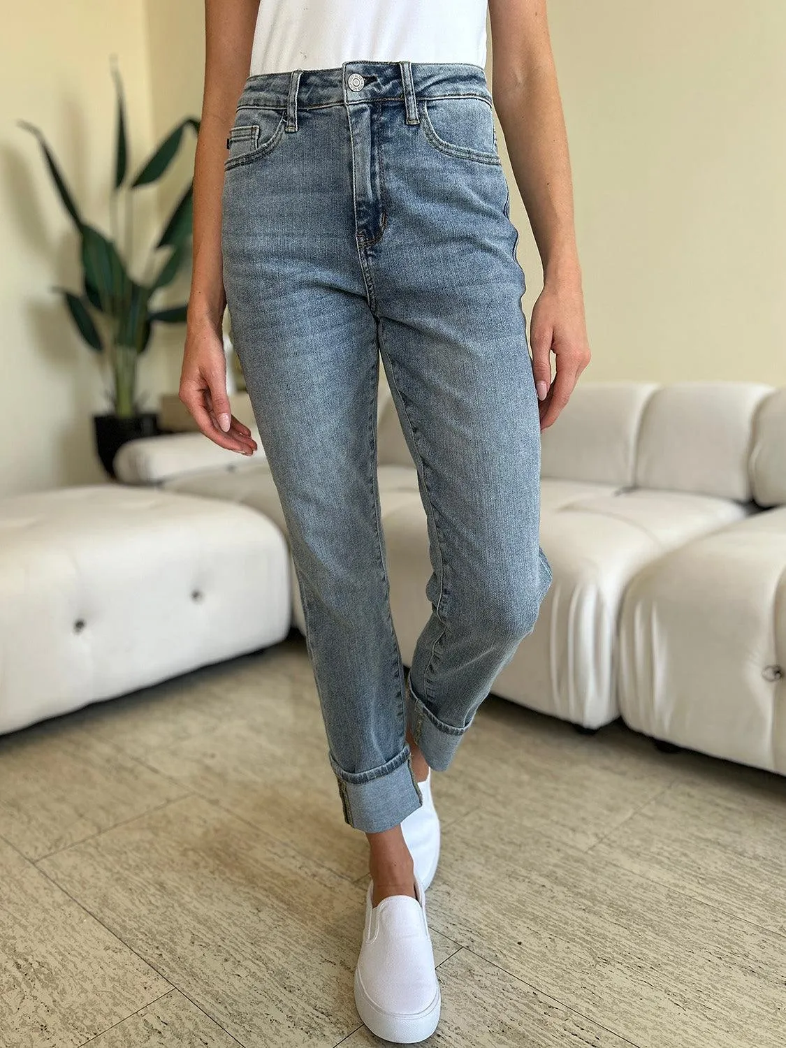 Full Size High Waist Cuff Hem Jeans