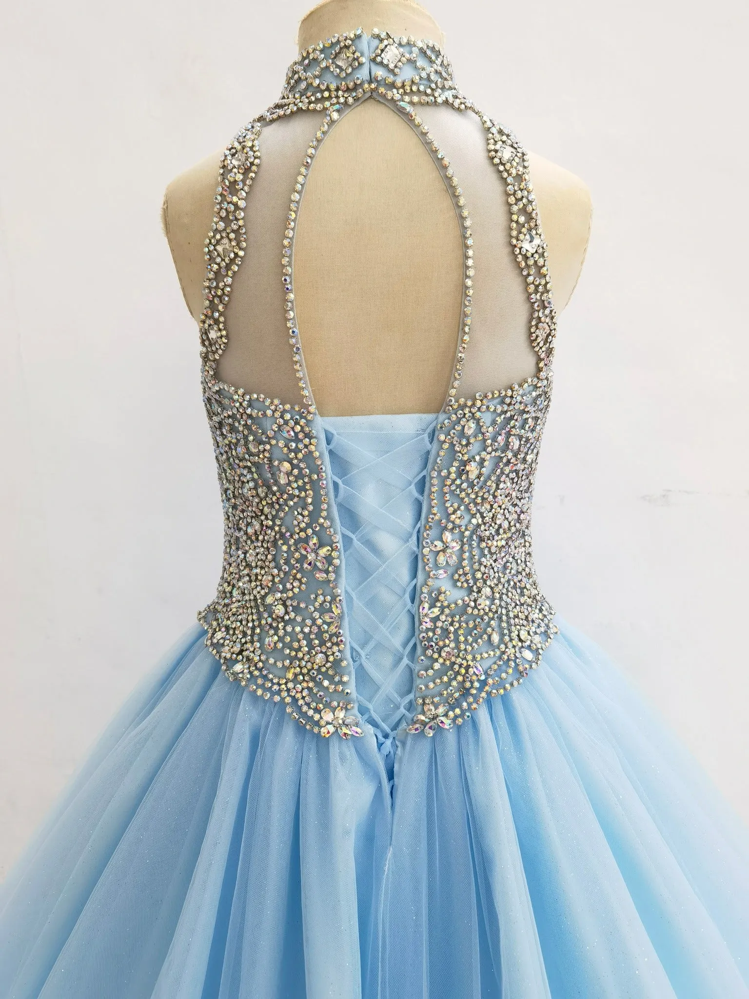 Halter Glitzy Beaded Bodice Exquisite Sky-blue Long Formal Gown