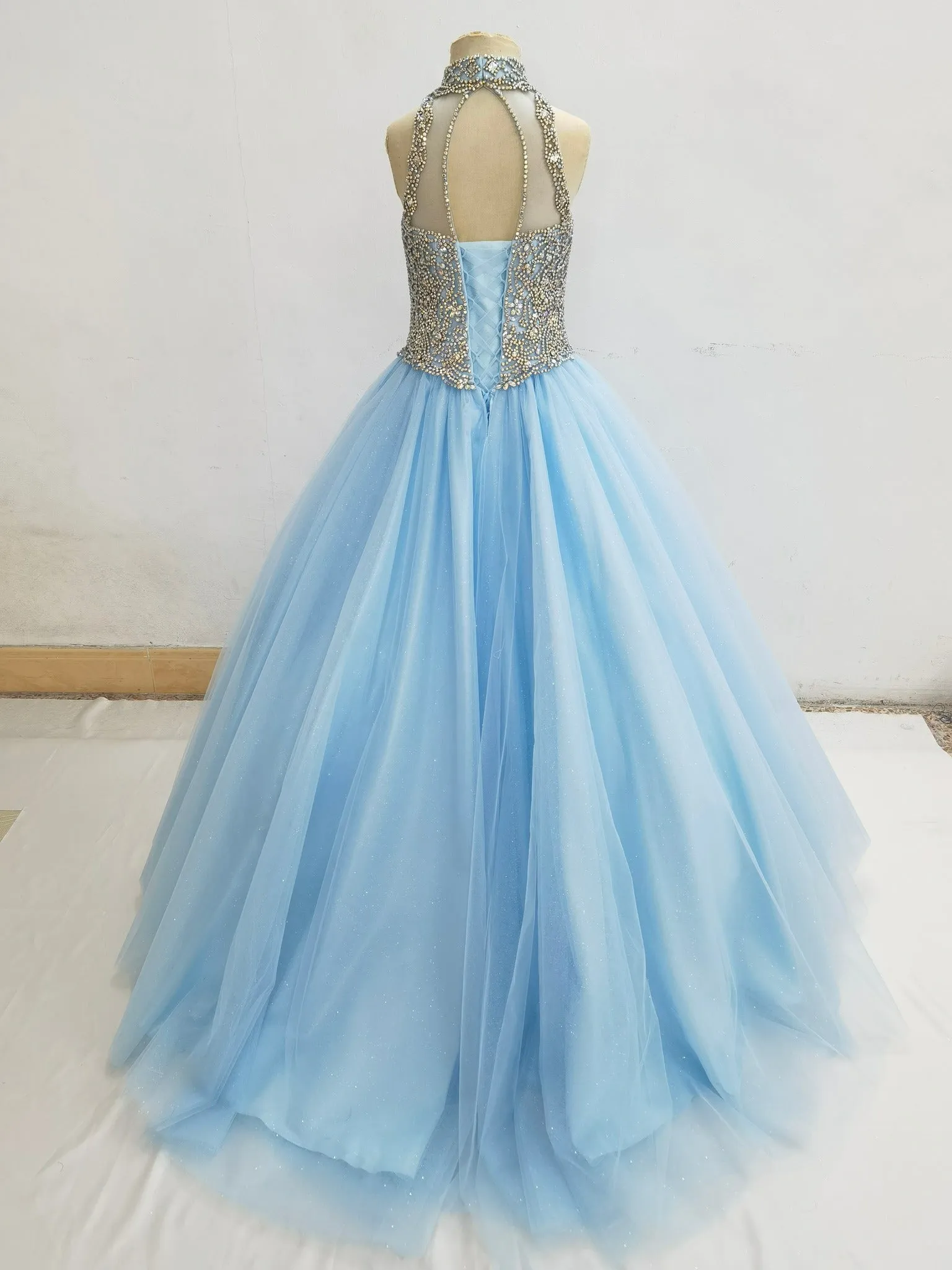 Halter Glitzy Beaded Bodice Exquisite Sky-blue Long Formal Gown