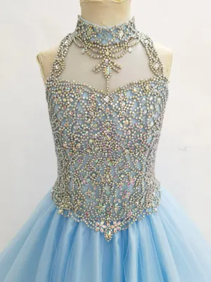 Halter Glitzy Beaded Bodice Exquisite Sky-blue Long Formal Gown