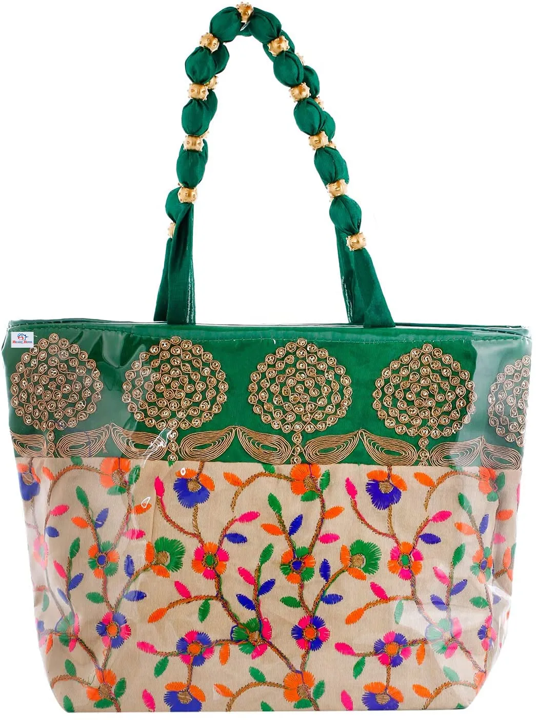 Heart Home Laminated Embroidery Hand Bag, Tote Bag, Purse for All Occasion for Women & Girls (Green)