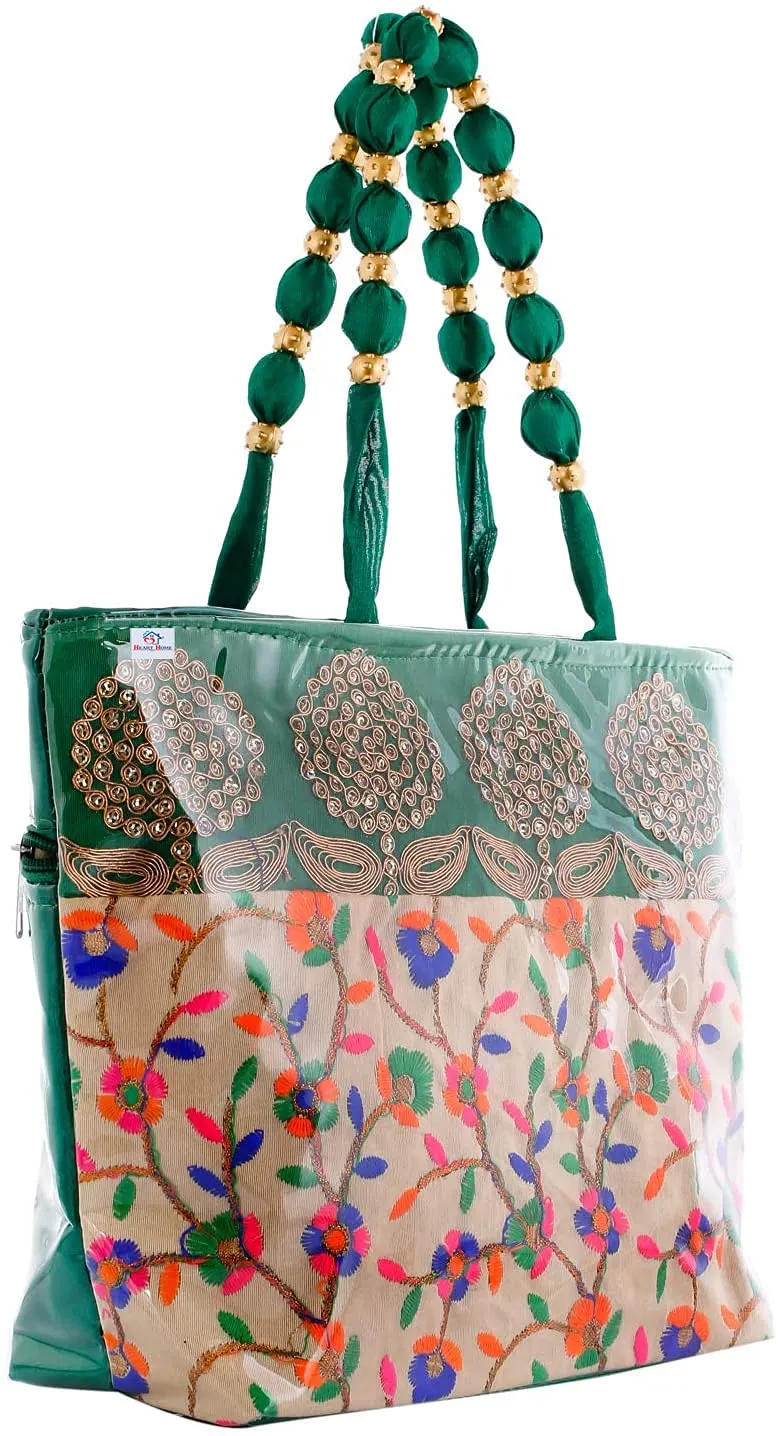 Heart Home Laminated Embroidery Hand Bag, Tote Bag, Purse for All Occasion for Women & Girls (Green)