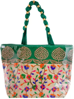 Heart Home Laminated Embroidery Hand Bag, Tote Bag, Purse for All Occasion for Women & Girls (Green)