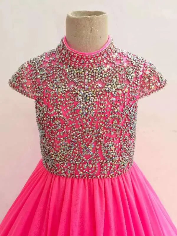 Hot Pink Little Girl Glitzy Beaded Bodice Cap Sleeve Long Pageant Dress