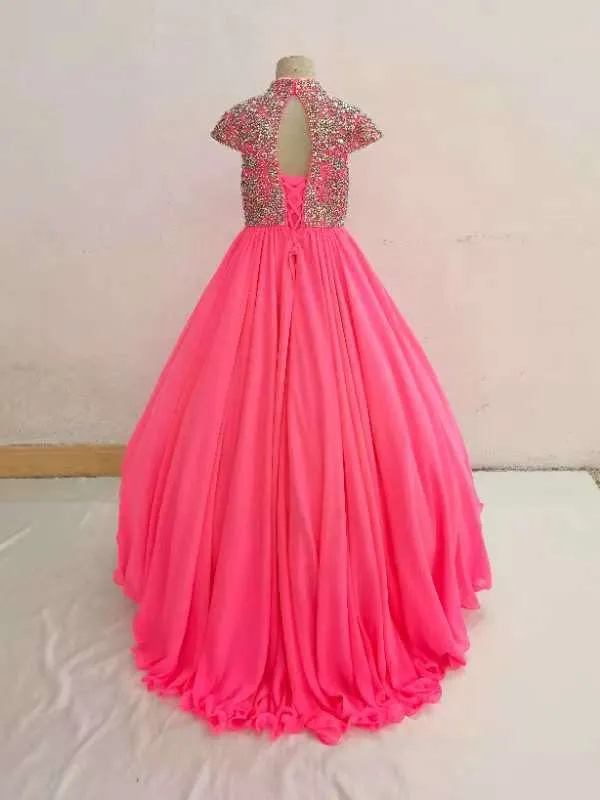 Hot Pink Little Girl Glitzy Beaded Bodice Cap Sleeve Long Pageant Dress