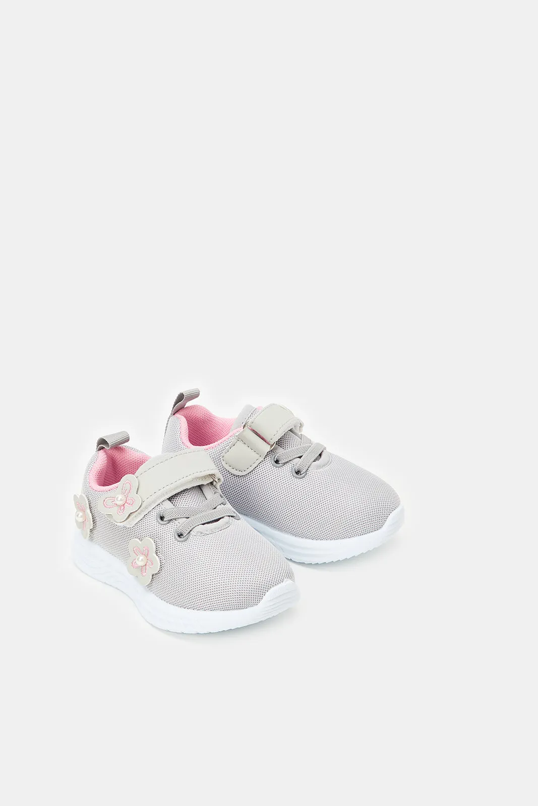 Infant Girls Grey Floral Velcro Pumps