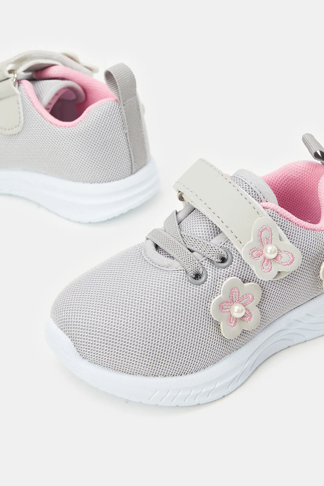 Infant Girls Grey Floral Velcro Pumps