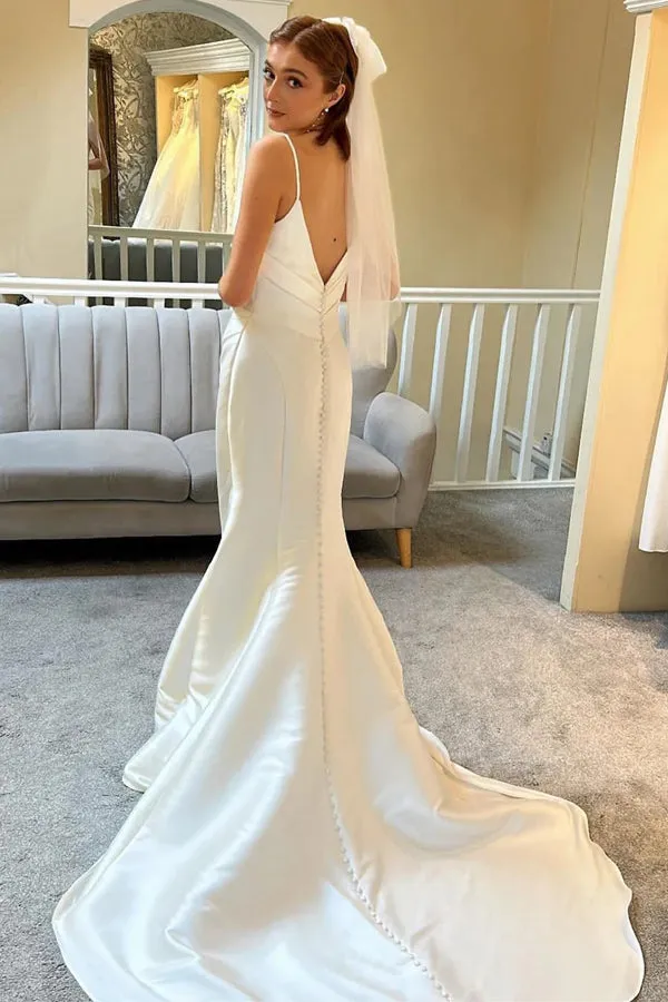 Ivory Spaghetti Strap Backless Trumpet Wedding Dress WD722