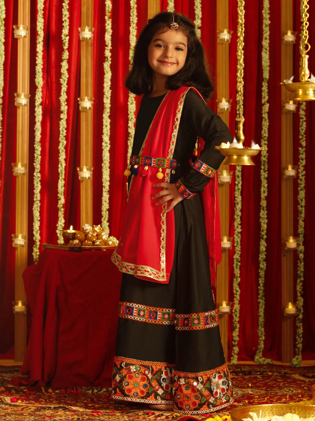 Jashvi Girls' Navratri Special Black Anarkali Kurta With Red Dupatta Set