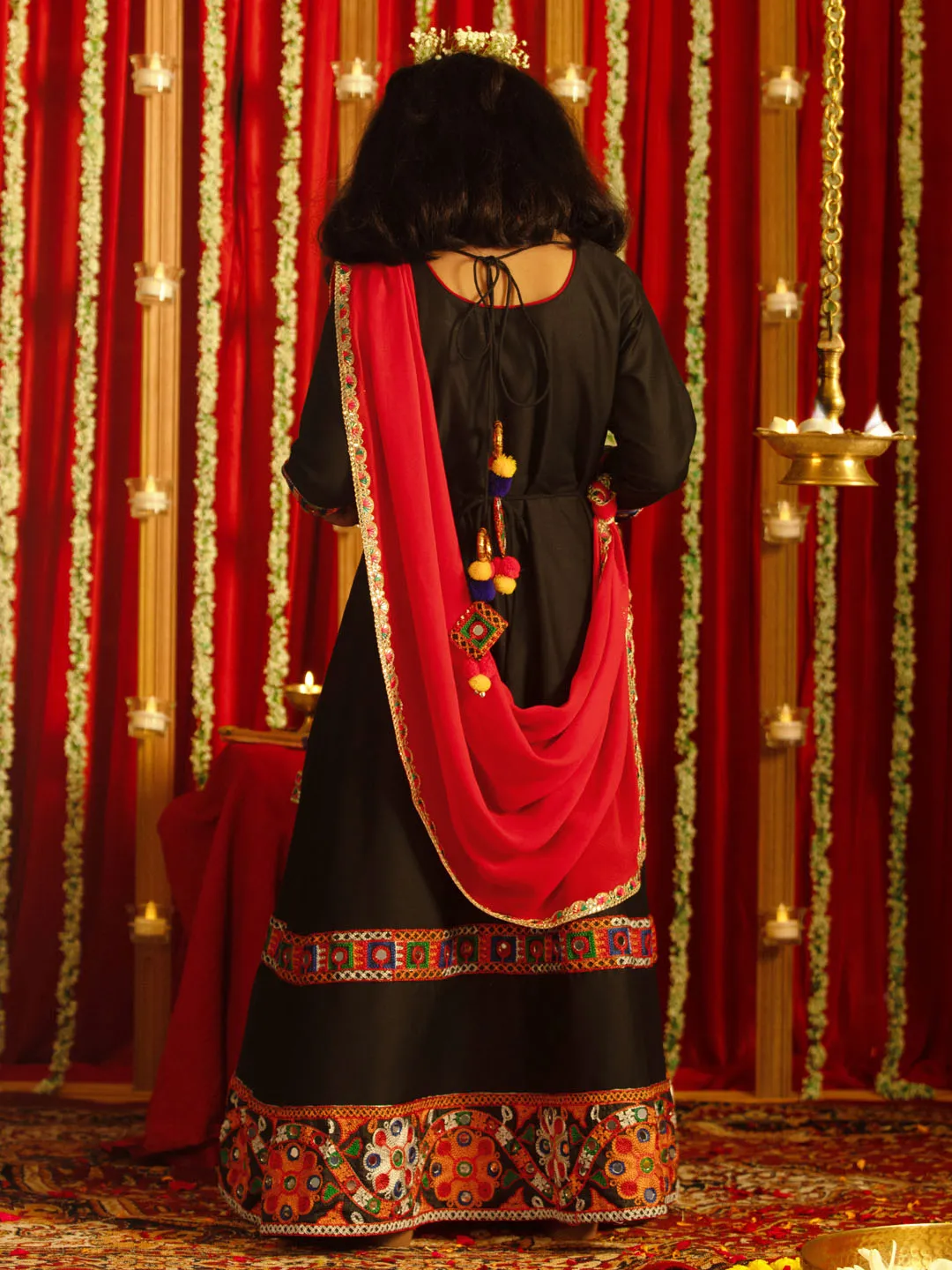 Jashvi Girls' Navratri Special Black Anarkali Kurta With Red Dupatta Set