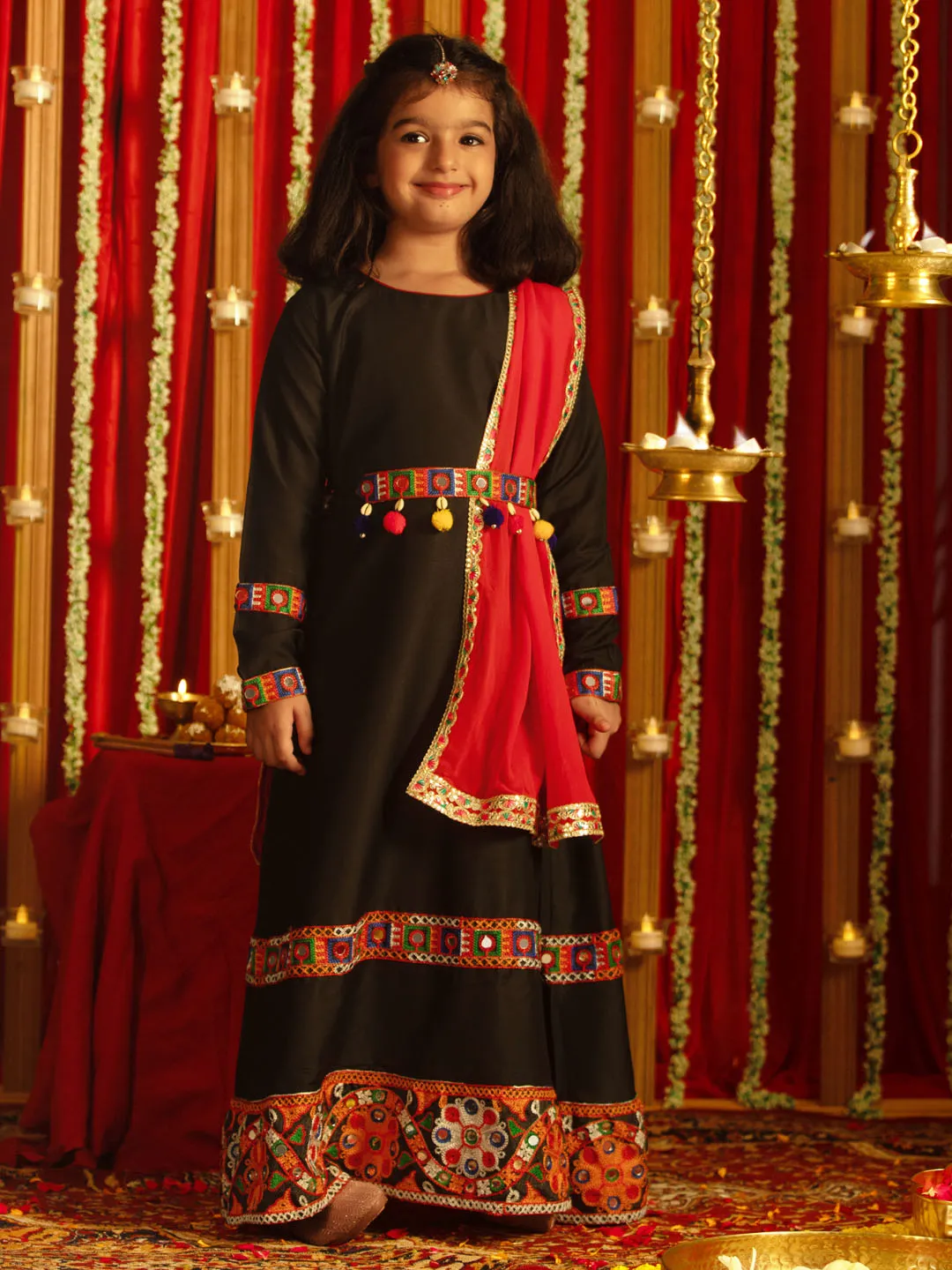 Jashvi Girls' Navratri Special Black Anarkali Kurta With Red Dupatta Set