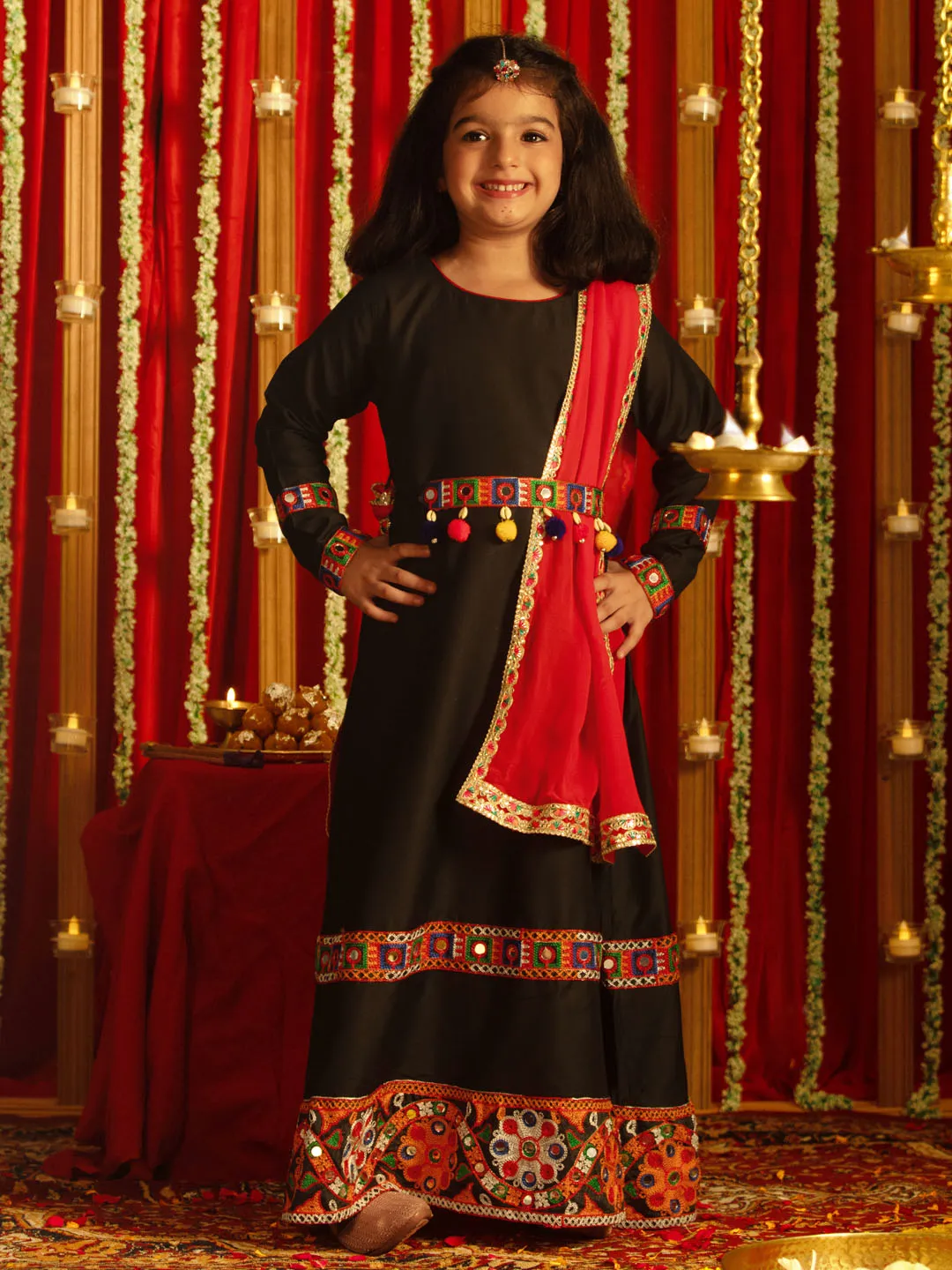 Jashvi Girls' Navratri Special Black Anarkali Kurta With Red Dupatta Set