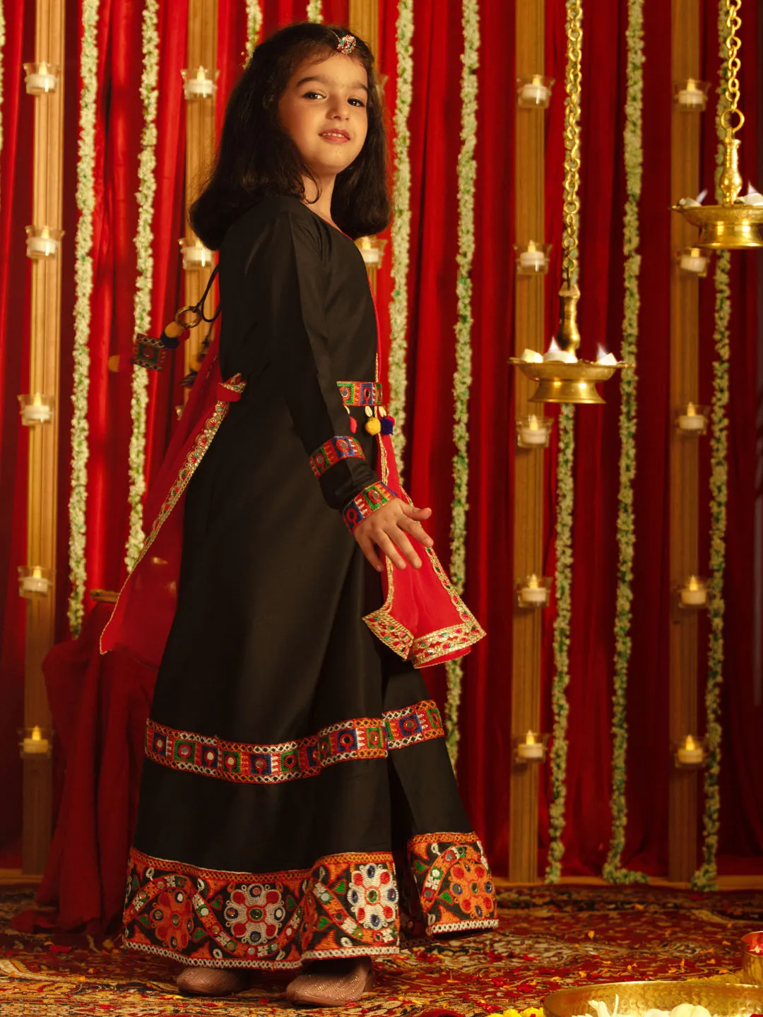 Jashvi Girls' Navratri Special Black Anarkali Kurta With Red Dupatta Set