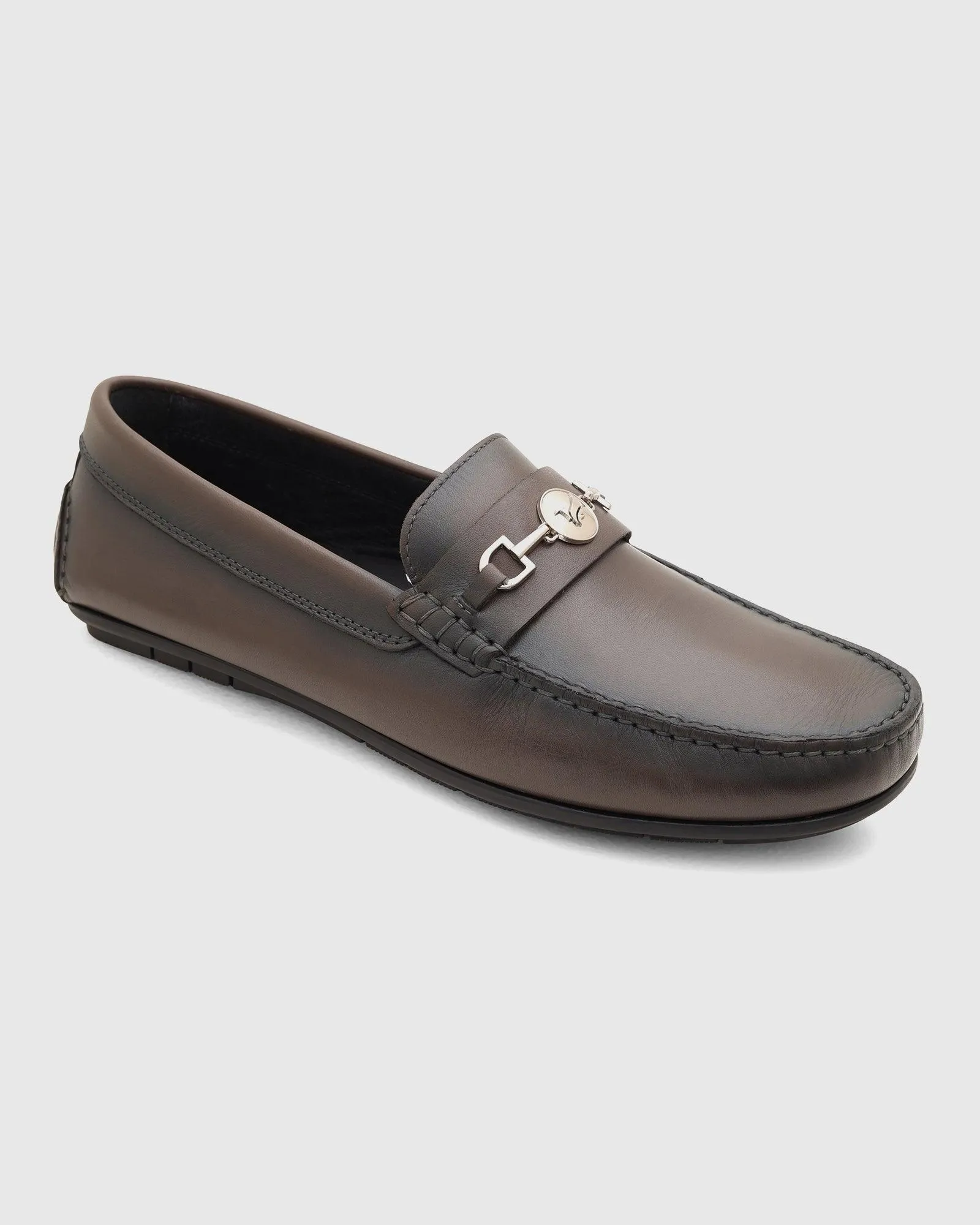 Leather Casual Grey Solid Loafers Shoes - Ring