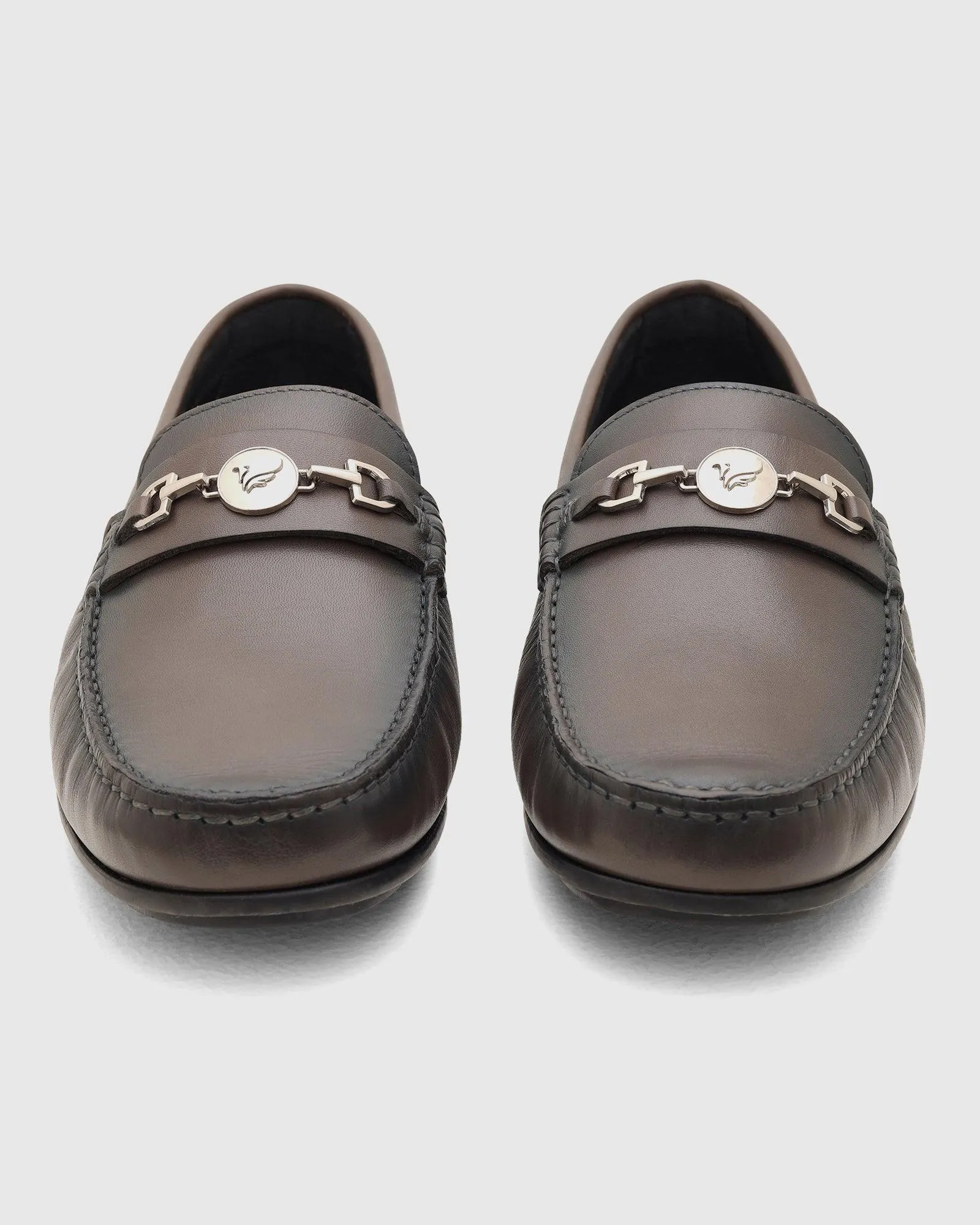 Leather Casual Grey Solid Loafers Shoes - Ring