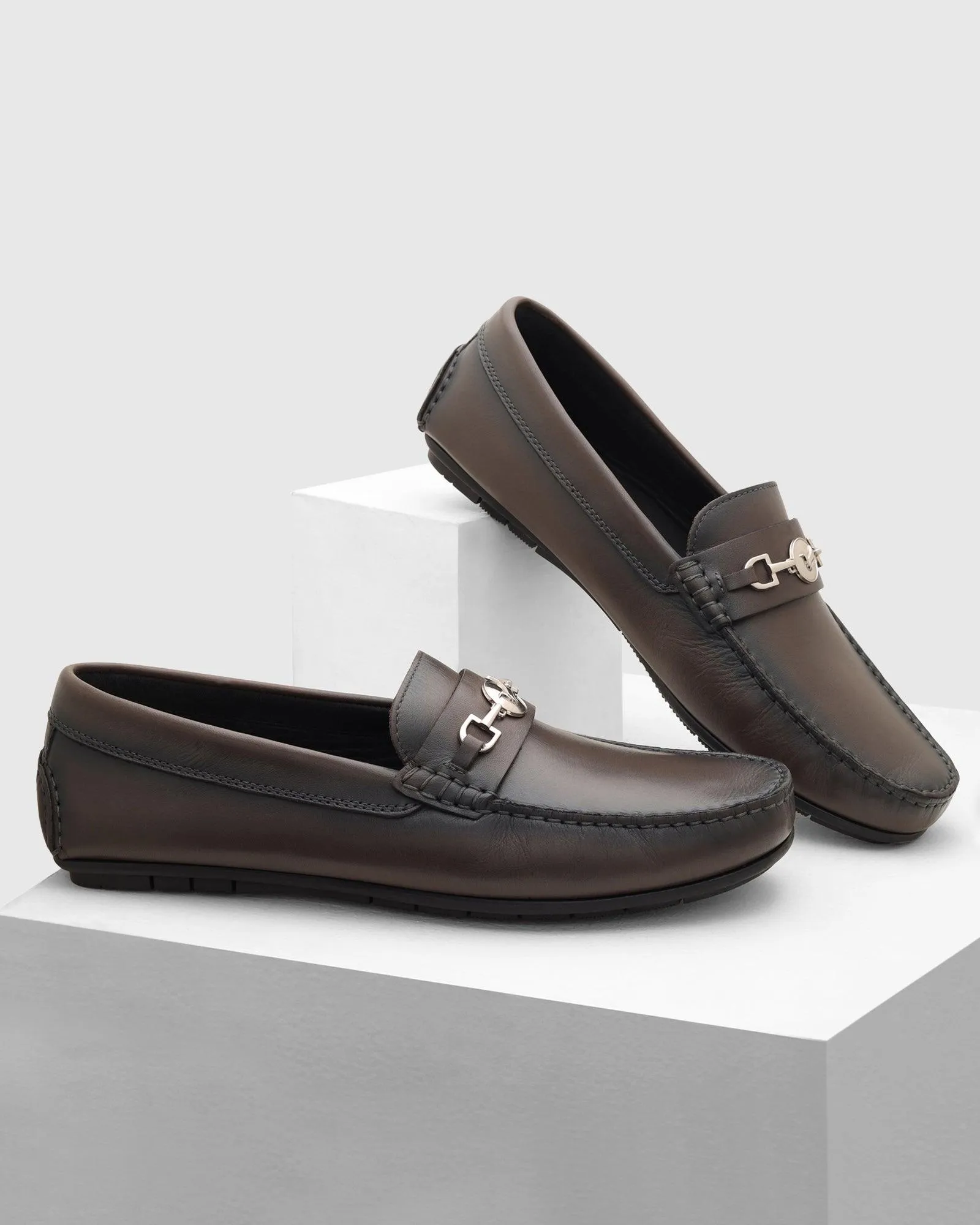 Leather Casual Grey Solid Loafers Shoes - Ring