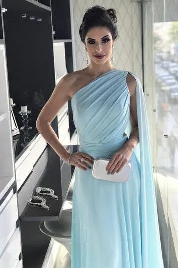 Light Blue One Shoulder Chiffon Pleats Sheer Illusion Back Prom Gown PG977