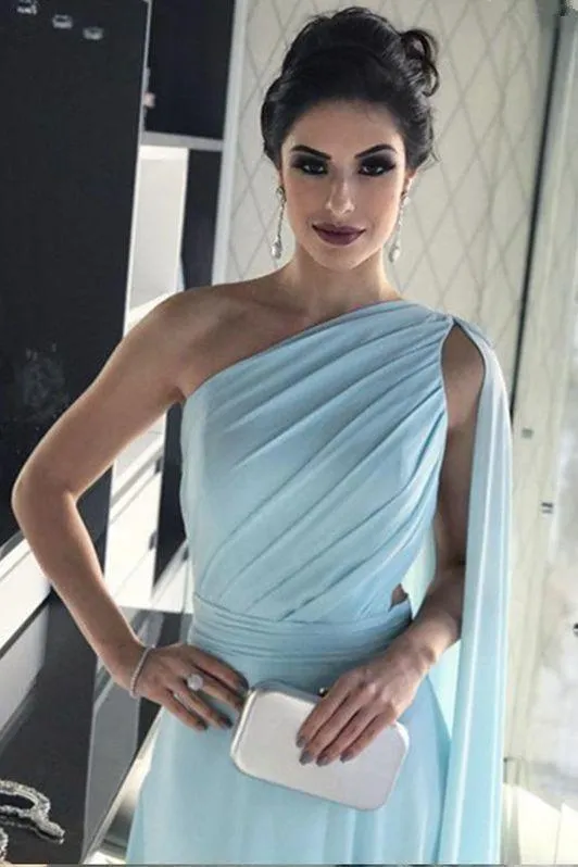 Light Blue One Shoulder Chiffon Pleats Sheer Illusion Back Prom Gown PG977