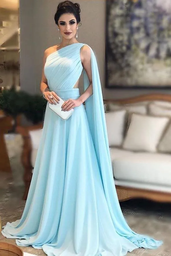 Light Blue One Shoulder Chiffon Pleats Sheer Illusion Back Prom Gown PG977