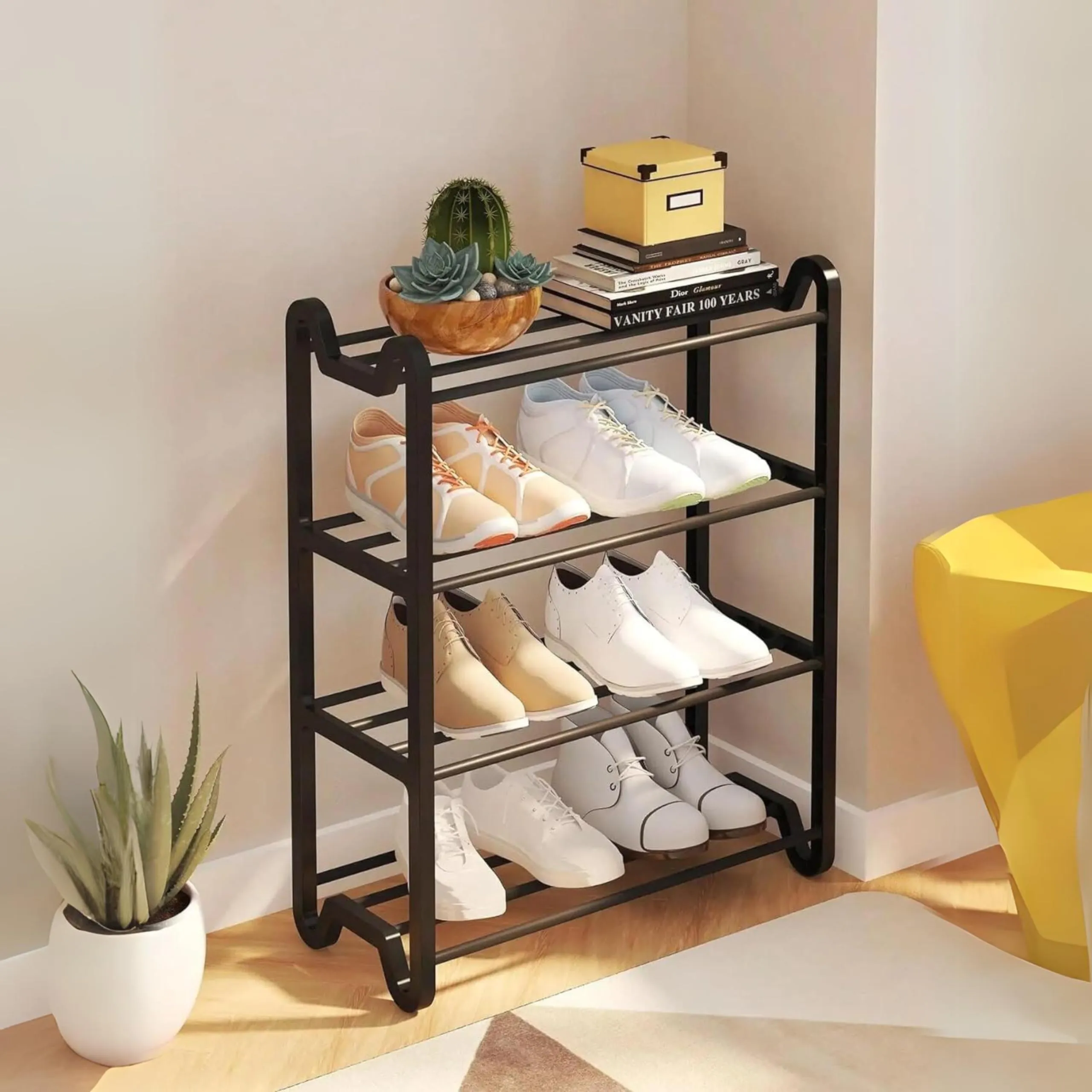 Lukzer Multi-Purpose 4 Layer Shoe Rack Detachable Open Book Shelf Storage Holder Organizer Stand (Unique Feet Design/Black/57.7 X 45.5 X 20Cm) - Plastic