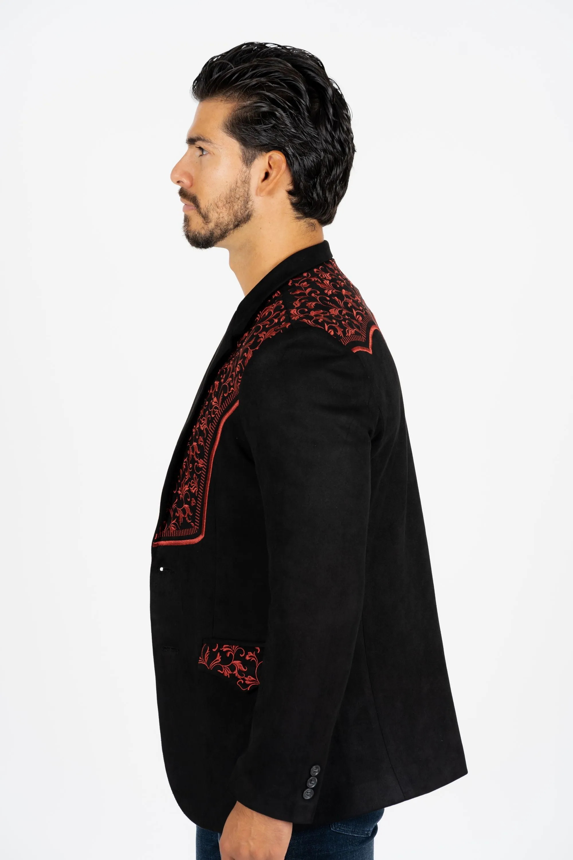 Men's Black/Burgundy Embroidered Faux-Suede Blazer