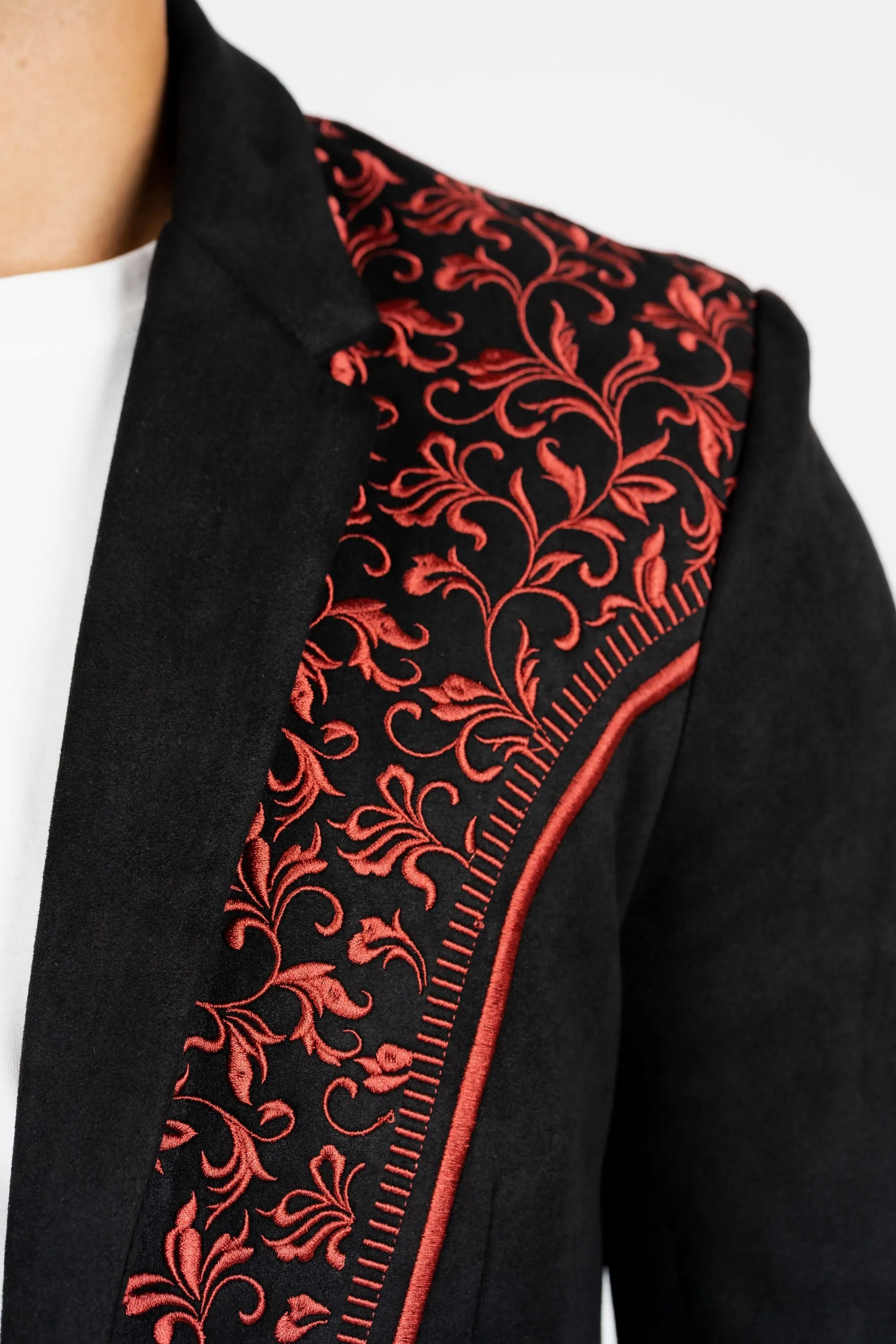 Men's Black/Burgundy Embroidered Faux-Suede Blazer