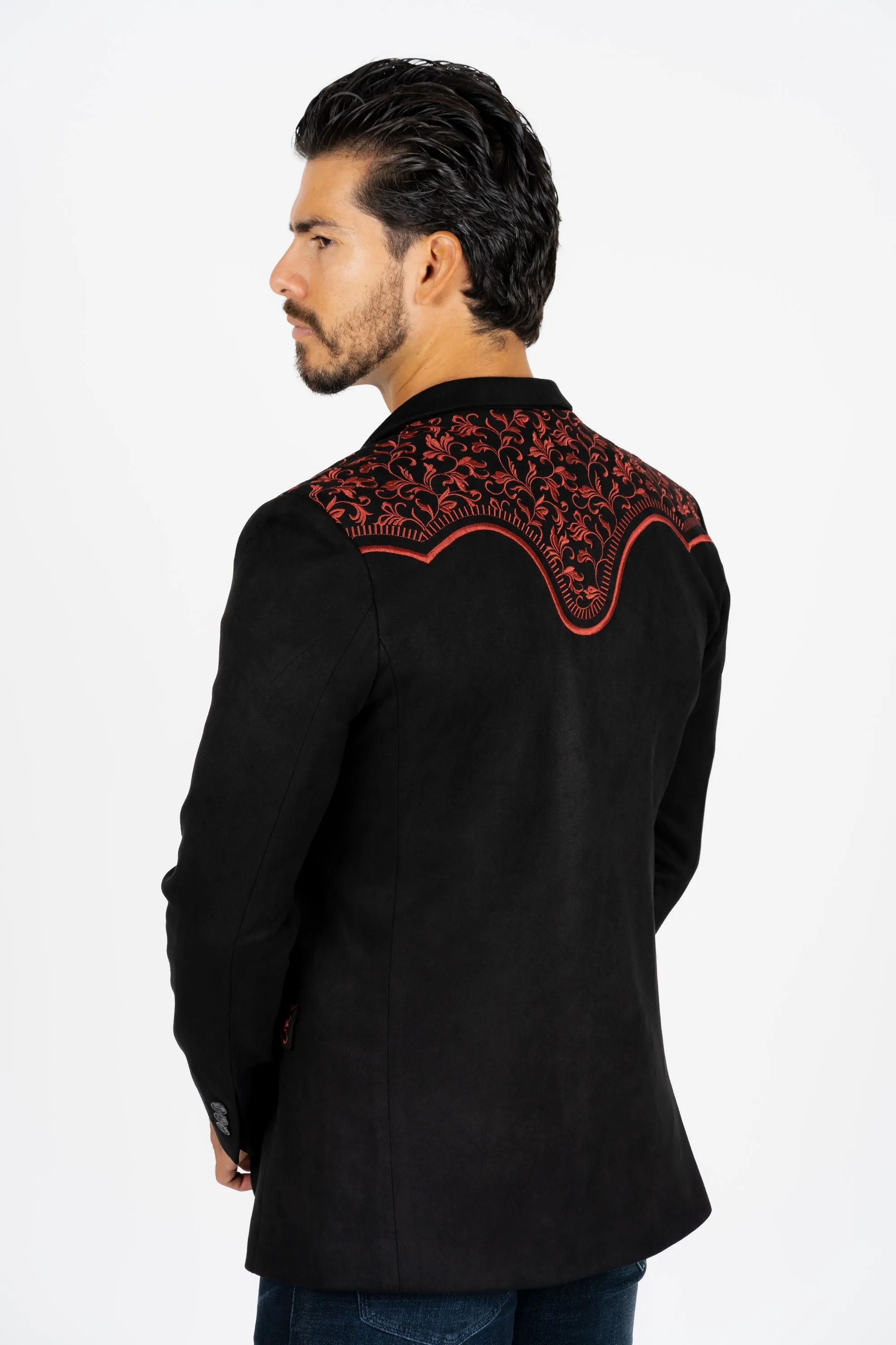 Men's Black/Burgundy Embroidered Faux-Suede Blazer