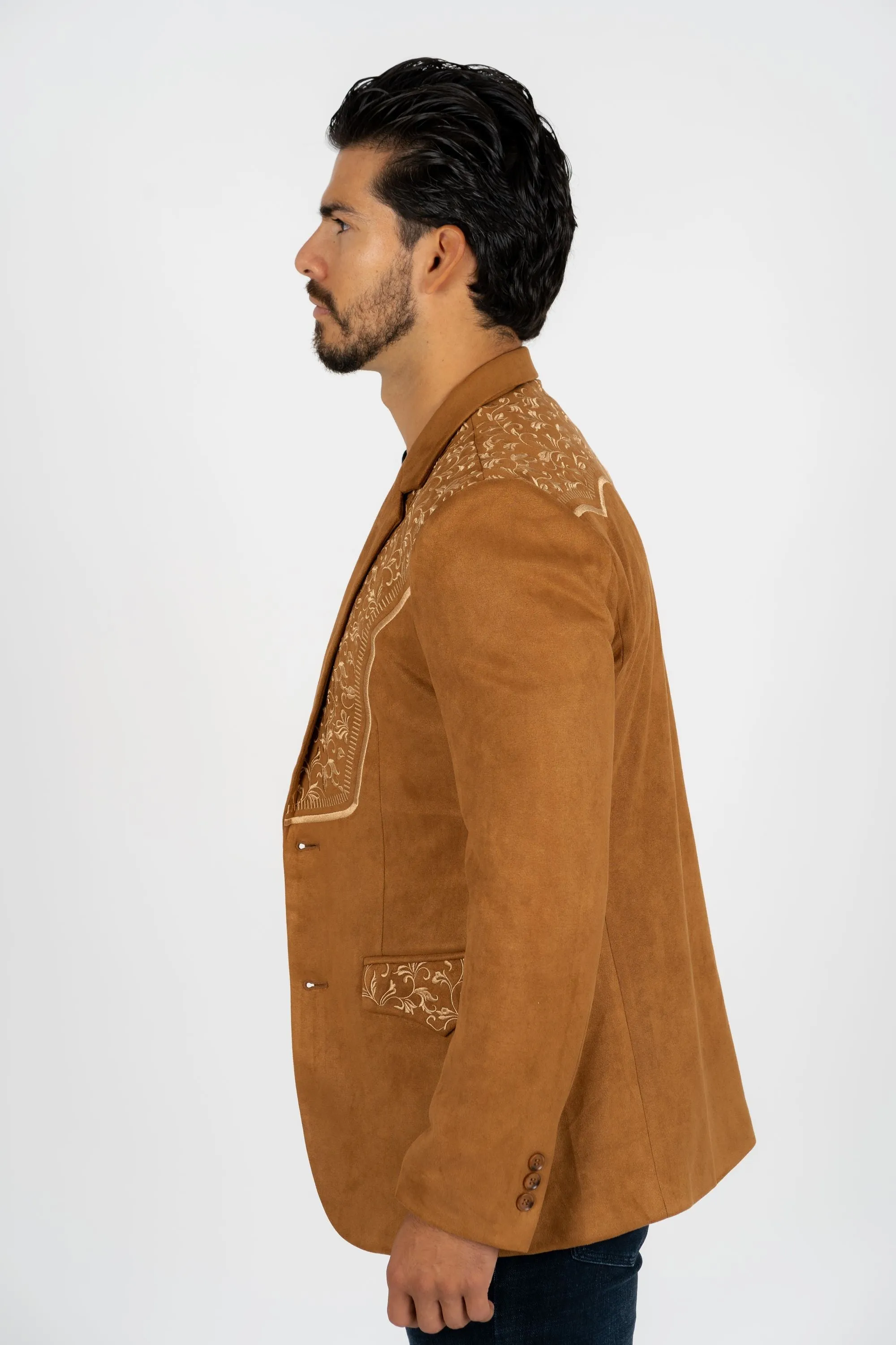 Men's Camel Embroidered Faux-Suede Blazer