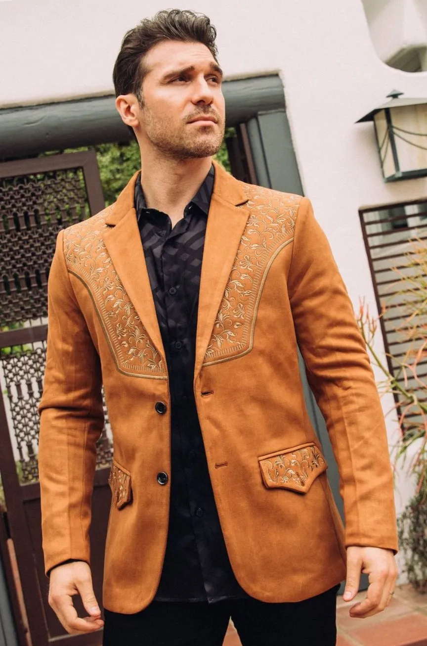 Men's Camel Embroidered Faux-Suede Blazer