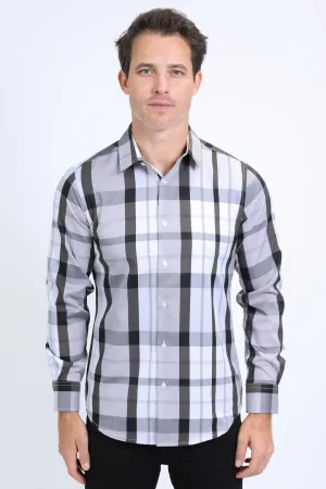 Mens Checkered Long Sleeve White Shirt