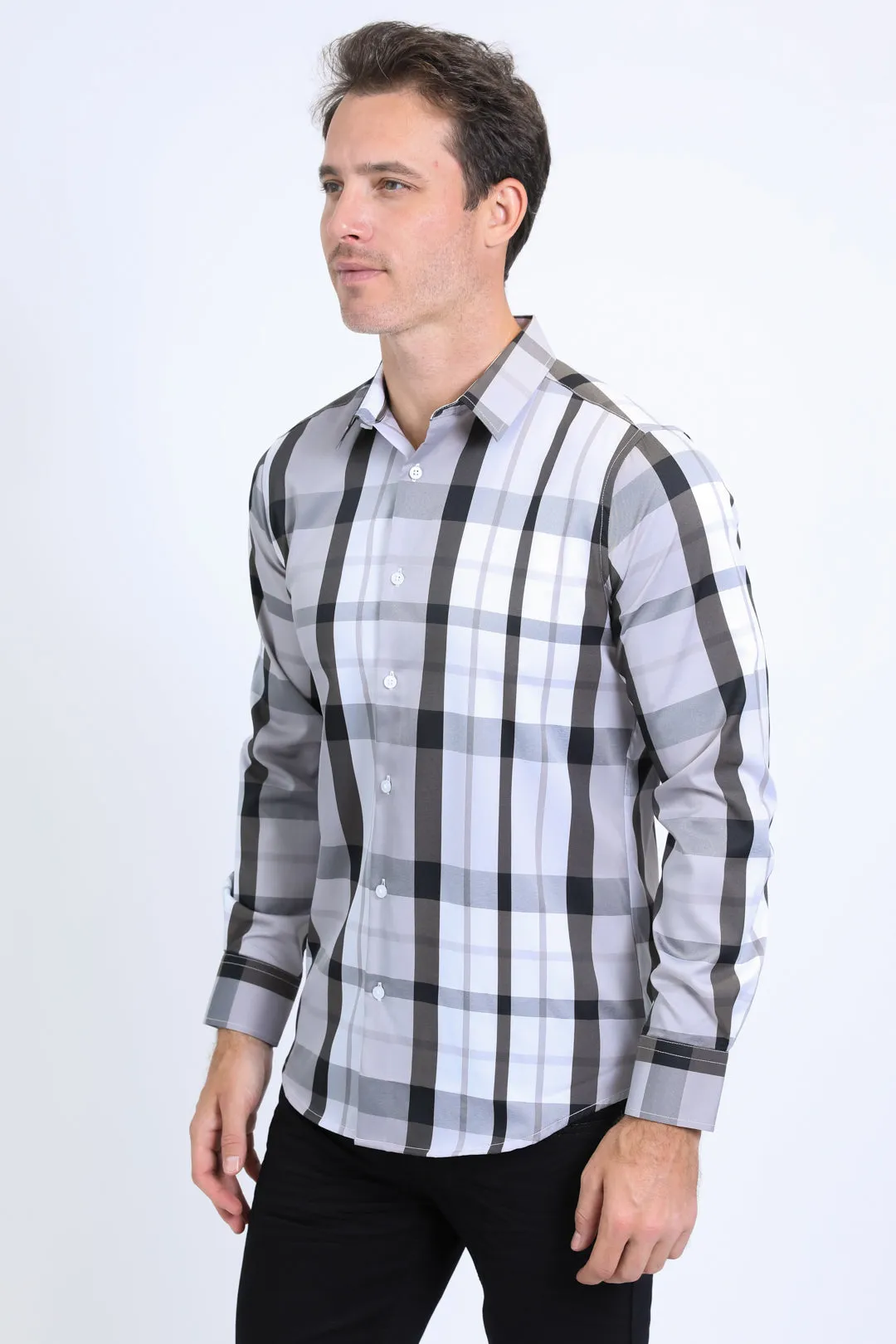 Mens Checkered Long Sleeve White Shirt