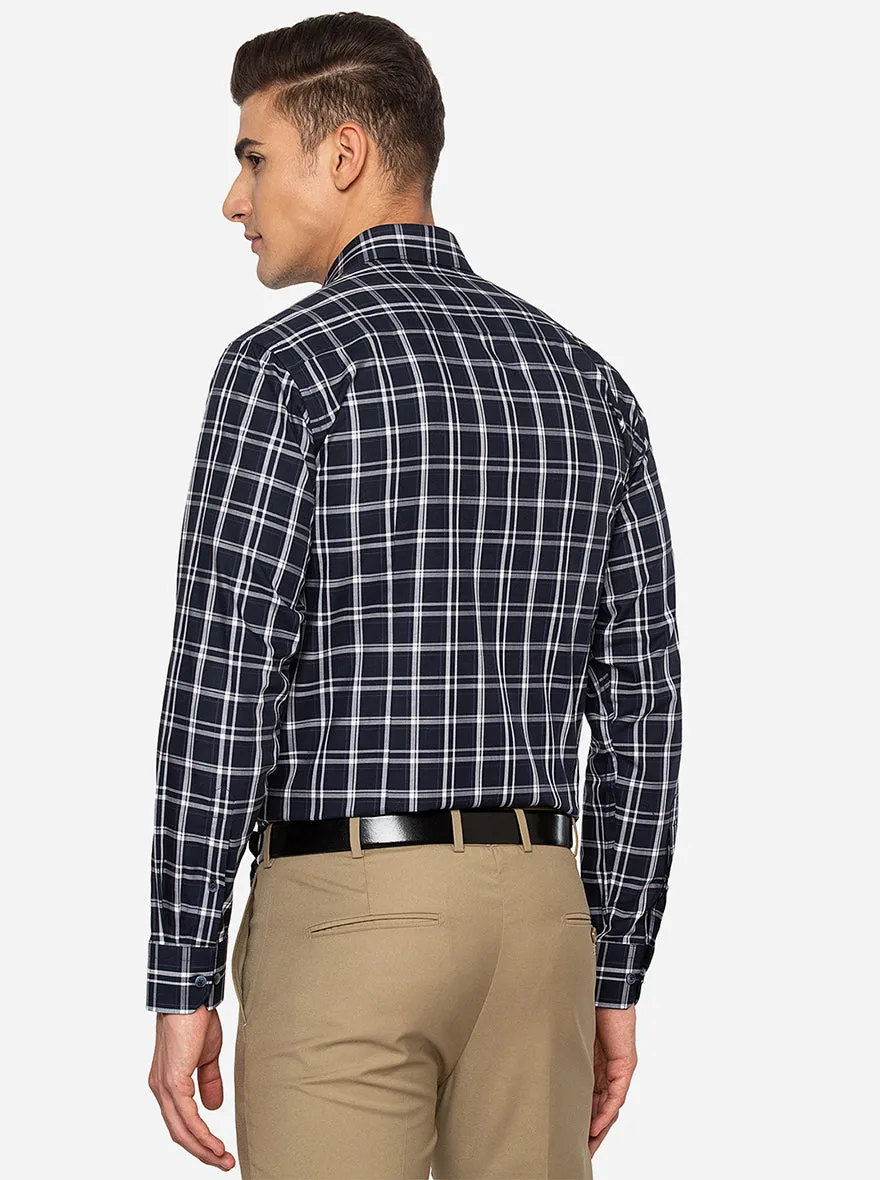 Navy Blue & White Checked Slim Fit Formal Shirt | JadeBlue