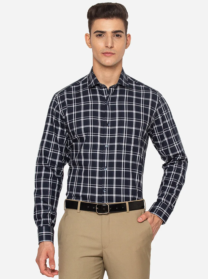 Navy Blue & White Checked Slim Fit Formal Shirt | JadeBlue